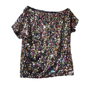 Anna Kaci Womens Multicolor Sequin Boat Neck Short Sleeve Top Size S